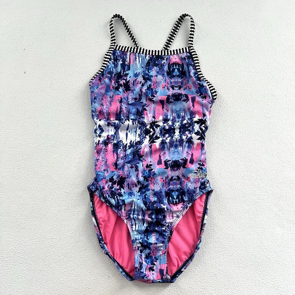 Dolfin Uglies Women Purple Pink Blue Print V-2 Back One Piece Swimsuit Swim 34